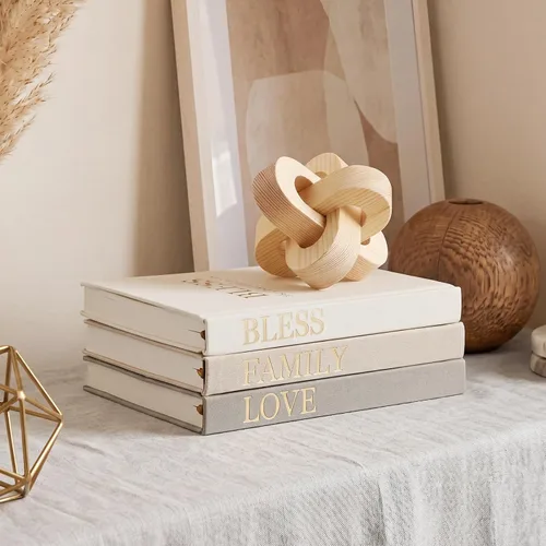 Feifeiya Juego de 4 libros decorativos de imitación de salvia, libros apilados decorativos estéticos, tapa de lino con nudo de madera para mesa de