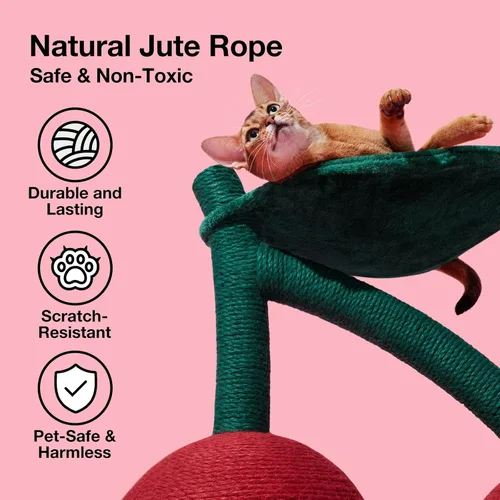 Miniatura 2 de VETRESKA Rascador de gatos de cereza grande con hamaca, juguete interactivo alto para rascar con cuerda de yute natural para gatos
