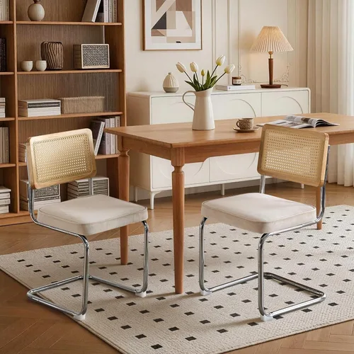 Miniatura 2 de Upholstered Velvet Dining Chairs Set of 2, Mid Century Modern Armless Upholstered Dining Chair with Rattan Back Stainless Chrome Frame for Dining