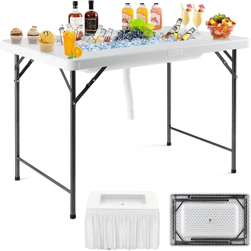 Miniatura 14 de Giantex Mesa enfriadora de hielo plegable, mesa de barra fría para exteriores de 46 pulgadas con drenaje, cubo plegable y falda extraíble a juego
