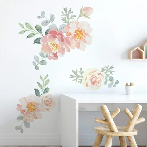 Miniatura 3 de ROFARSO Pegatinas de pared de flores, acuarela, naranja y rosa, peonía natural, plantas, vinilo, extraíble, despegar y pegar, calcomanías de pared