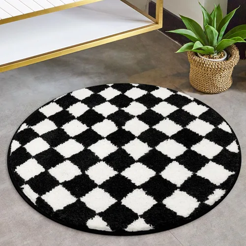 Alfombras redondas a cuadros para baño, lavables a máquina, negras y blancas de 2 pies, alfombrilla de baño antideslizante y absorbente, alfombra