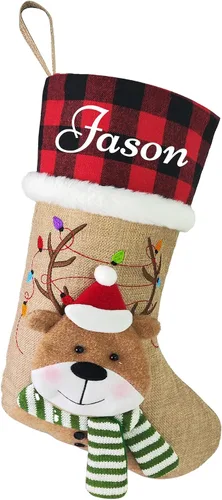 Miniatura 9 de Calcetines de Navidad personalizados para perros, patas de perro con nombre, sherpa sintético blanco con puño a cuadros rojos y detalles de hueso