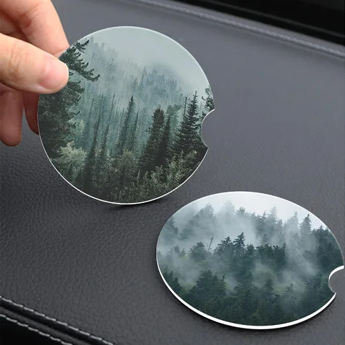 Miniatura 6 de Posavasos para Automóvil para Portavasos, Bosque Oscuro Naturaleza Montaña Universal Antideslizante de Cerámica Posavasos para Taza de Automóvil