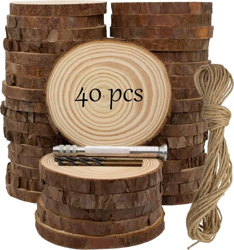 Miniatura 7 de Rebanadas de madera natural sin terminar, 80 círculos de madera de 3.2 a 4 pulgadas para manualidades, adornos de Navidad, kit de madera con broca
