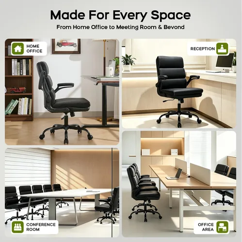 Miniatura 3 de Silla de oficina ajustable con respaldo medio ejecutivo, silla de escritorio cómoda de piel regenerada con soporte lumbar ergonómico para Negro