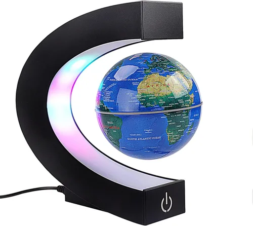 Globo flotante con luces LED de colores en forma de C, levitación magnética antigravedad, mapa del mundo giratorio con interruptor táctil para Azul