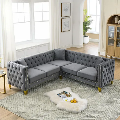 Miniatura 13 de KEIKI Sofá de terciopelo copetudo de 2 plazas para sala de estar, sofá con brazos cuadrados copetudos para apartamento en el hogar, color beige