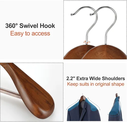 Miniatura 3 de TOPIA HANGER - Perchas de madera para hombros anchos, perchas para trajes con barra antideslizante para pantalones y gancho giratorio de 360°, Nogal