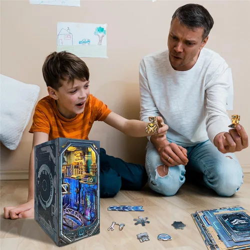 Miniatura 7 de Cyberpunk - Kit de rincón de libro, kit de casa de muñecas de bricolaje 3D rompecabezas de madera con decoración futurista LED, decoración del hogar