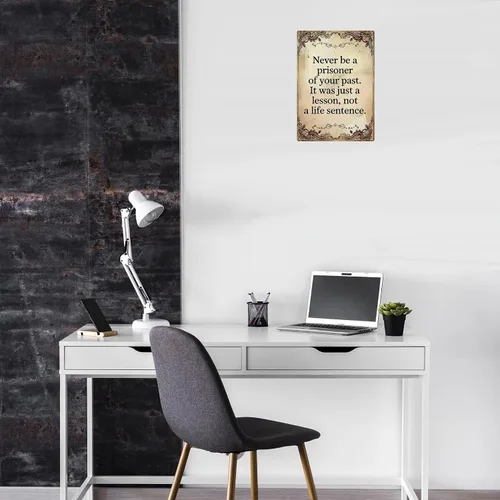 Miniatura 5 de Letrero inspirador de hojalata para pared, letrero de metal vintage con texto en inglés «Never Be a Prisoner of Your Past» para el hogar, oficina