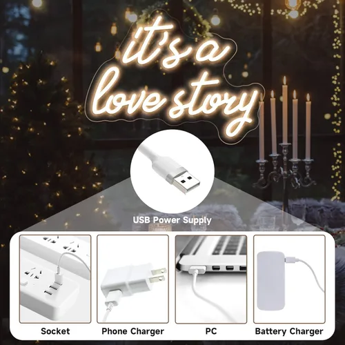 Miniatura 3 de Letrero de neón con texto en inglés "It's a Love Story", luz LED blanca cálida para dormitorio, estética, cumpleaños, boda, fiesta, regalo, novio