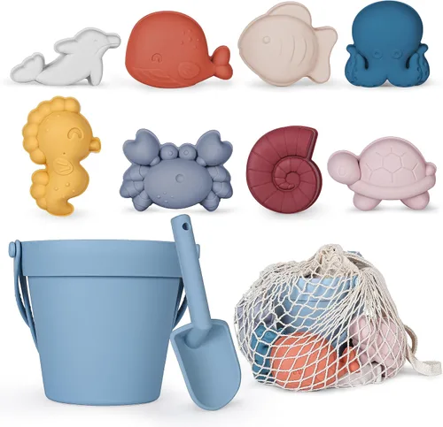 Miniatura 14 de MarcZero 11 juguetes de playa de silicona, modernos juguetes de playa para bebés, juego de playa apto para viajes, cubo de silicona, pala, 8 moldes