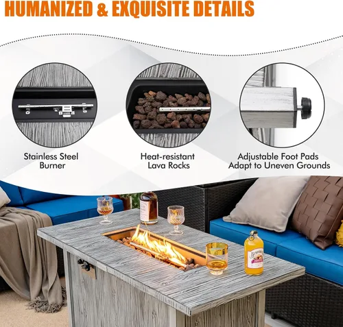 Miniatura 3 de Tangkula Patiojoy - Mesa de fuego de propano de 43 pulgadas, mesa de fuego de gas para exteriores de 50,000 BTU con mesa de grano de madera