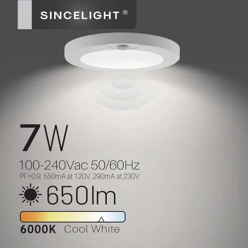 Miniatura 2 de SINCELIGHT PIR - Lámpara de techo LED con sensor de movimiento de 7 W (Φ6 pulgadas/5.748 in), encendido/apagado automático, activación por Blanco