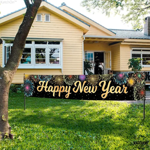 Miniatura 7 de KatchOn, Cartel de feliz año nuevo para patio 2026 – Extra grande de 120 x 20 pulgadas, letrero de feliz año nuevo para decoraciones de Año Nuevo