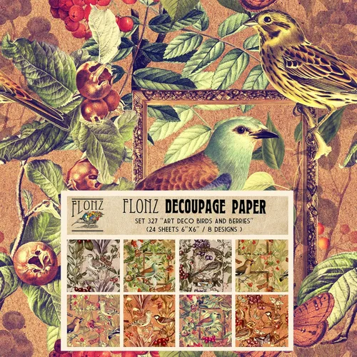Paquete de papel de decoupage Flonz (24 hojas de 15,2 cm x 15,2 cm) Papel con patrón vintage estilo Art Deco de pájaros y bayas para decoupage, 30 ES