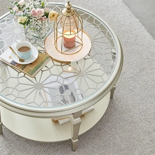 Miniatura 2 de Mesa de té para sala de estar, mesa de centro redonda de madera moderna con tallado calado y parte superior de cristal, 31.4/39.3 pulgadas, elegante