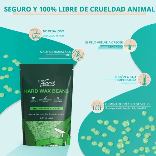 Miniatura 2 de VENNCO Perlas de Cera Dura, Granos de Cera de 1 libra Para Eliminación de Vello Grueso en Piel Sensible Con Aloe Vera Puro, Para Cara, Ceja, Pierna