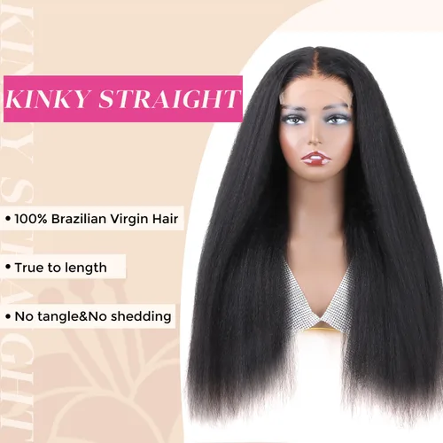 Miniatura 5 de Lashey Pelucas de cabello humano lacio tipo afro de 5 x 5, cierre de encaje HD transparente, densidad del 180 % prearrancada con nudos blanqueados