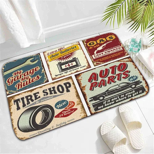 Miniatura 4 de Juego de alfombras de baño de 3 piezas antiguas para automóvil, placa de los años 50, accesorios antiguos, póster de reparación estadounidense
