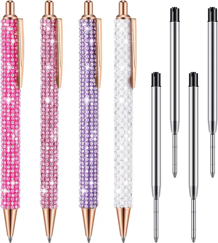 Miniatura 15 de Ireer 4 bolígrafos brillantes de diamantes de imitación para mujer, bolígrafo de tinta de metal con purpurina de cristal con 4 recambios de 0.039