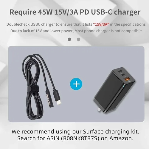 Miniatura 5 de Cable de carga USB C para Surface RT y Pro 1 2 (negro de 6 pies), funciona con cargador USB-C de 15 V/3A 45 W, compatible con Microsoft Surface 1512