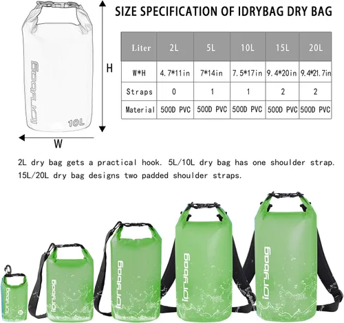 Miniatura 3 de IDRYBAG Bolsa seca transparente impermeable 2L/5L/10L/15L/20L, pequeña bolsa impermeable para kayak