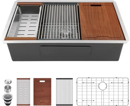 Miniatura 32 de Lordear Fregadero de cocina de montaje inferior de 23 pulgadas, estación de trabajo, fregadero de cocina de acero inoxidable calibre 16, cuenco