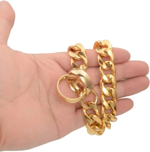 Miniatura 3 de Collar de perro con cadena de oro de 18 quilates, cadena de perro de eslabones cubanos de 0.59 pulgadas, collar de acero inoxidable de metal
