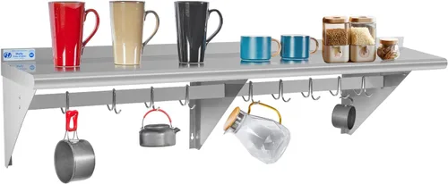 Miniatura 15 de Hally Estante de Acero Inoxidable con 6 Ganchos 12" x 36" Estante para Ollas Montado en Pared, Estantería Flotante Comercial NSF para Almacenamiento