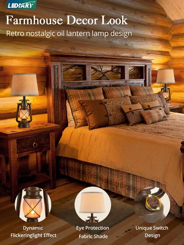 Miniatura 2 de LEDIARY Juego de 2 lámparas de mesa LED vintage de linterna parpadeante de llama para dormitorios, pequeñas lámparas rústicas de estilo granja