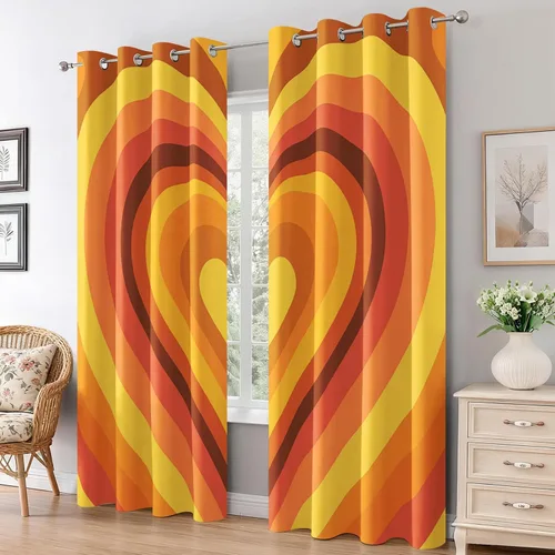 Groovy Heart Curtains for Living Room 84 Inch Length, 60S 70S Retro Blackout Curtains Bedroom Decor, Hippie Orange Aesthetic Grommet Thermal Black