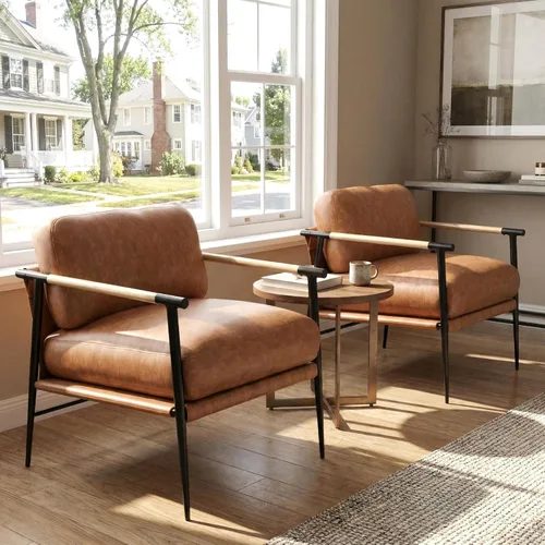 Miniatura 12 de DUOMAY Silla moderna de mediados de siglo, sillón de piel sintética marrón, silla de dormitorio con patas de metal para sala de estar, lectura
