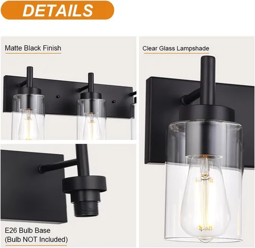 Miniatura 5 de Juego de luz de tocador de baño de 6 luces, lámpara de pared moderna negra con pantalla de vidrio transparente, apliques industriales, lámpara Negro