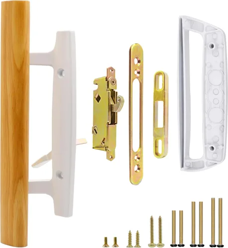 Miniatura 9 de Juego de reemplazo de manija de puerta corredera de patio de vidrio con manijas interiores de madera de roble y tirador exterior de zinc fundido a