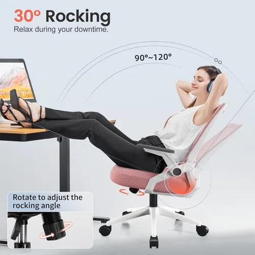 Miniatura 5 de COMHOMA Silla de oficina con reposabrazos abatibles, silla de escritorio ergonómica para computadora con soporte lumbar adaptable y malla Rosa