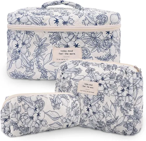 GISMTR 3 Bolsas de Maquillaje Acolchadas de Algodón Grandes de Viaje Bolsa de Cosméticos Bolsa de Maquillaje Coqueta Bonita Bolsa de Tocador Floral