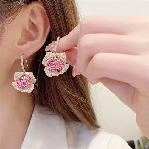 Miniatura 3 de Huggie CZ Flower Dangle Stud Earrings for Women Girls with Charms Fashion Luxury Pave Rhinestone Filigree Camellia Rose Dainty Crystal Drop Dangling