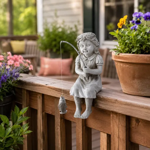 Miniatura 9 de Goodeco Estatua de jardín de Fishergirl – Pequeño pescador de 11 pulgadas para estanque Koi o cascadas, estatua junto a la piscina con guijarros que