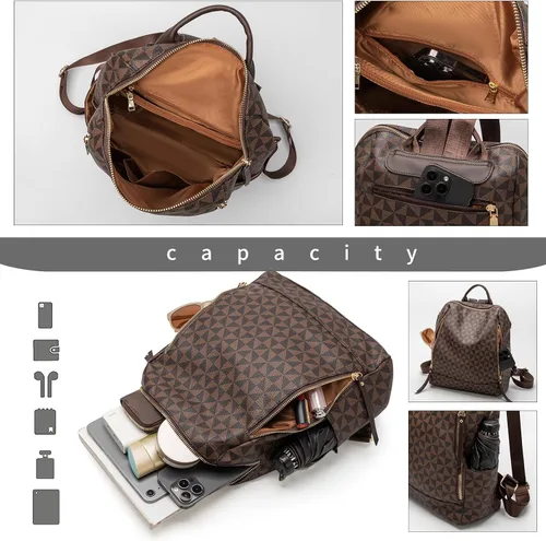 Miniatura 5 de Mochila Monedero para Mujer de Cuero Anti-robo Grande de Diseñador de Moda Mochila de Viaje Bolsa Mochila para Hombre Bolsas de Hombro, A-Marrón
