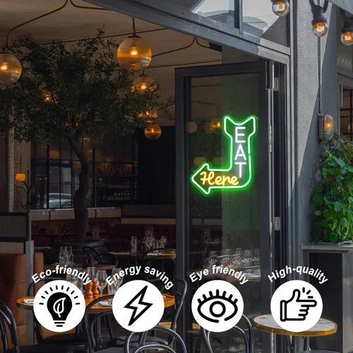 Miniatura 4 de Letrero de neón con texto en inglés "Eat Here", para decoración de pared con orientación de flecha, verde, naranja, blanco, para comer, regulable