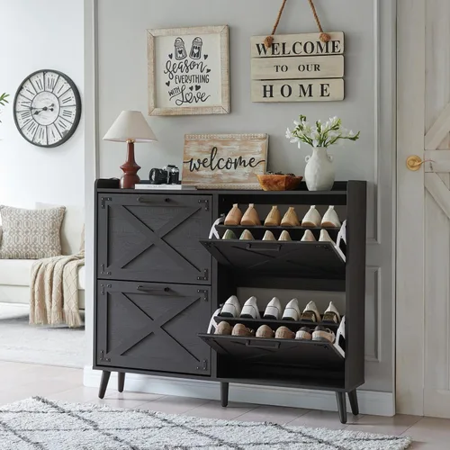 Miniatura 19 de Barnyatoh - Gabinete de almacenamiento de zapatos estilo granja, organizador de zapatos con 2 cajones abatibles y diseño de puerta de granero