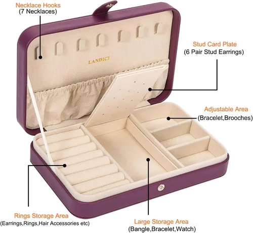 Miniatura 3 de LANDICI - Caja de joyería pequeña para mujeres y niñas, estuche organizador de joyería de viaje de cuero PU, soporte portátil para almacenamiento