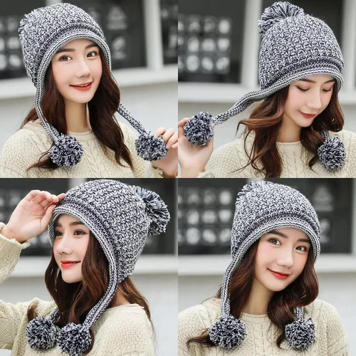 Miniatura 6 de HUAMULAN - Gorro de invierno para mujer estilo peruano con forro polar, solapas para orejas, doble capa, con pompones