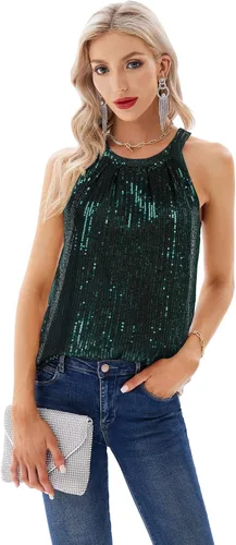 Miniatura 2 de GRACE KARIN Camisetas halter de lentejuelas para mujer, sin mangas, brillantes, fruncidas, fluidas, brillantes, para club, camisa de fiesta
