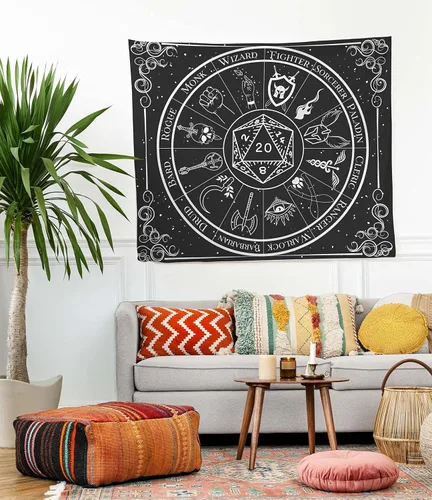 POLYMORPH PRINTS Tapiz de pared de fantasía para interiores, DND 5e en blanco y negro de Calabozos y Dragones Clase Custom Zodiaco Astrología