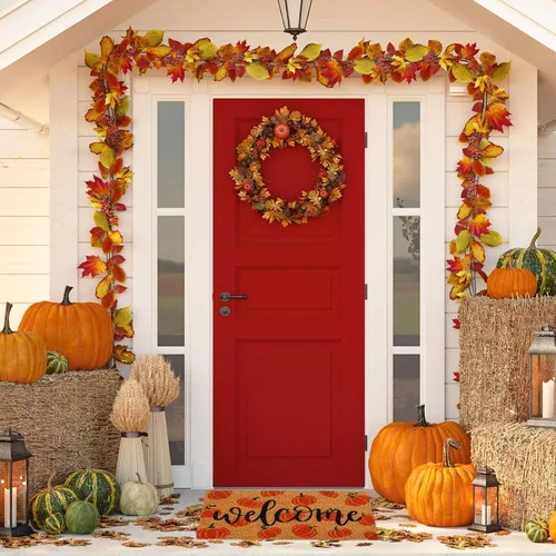 Miniatura 4 de AnyDesign Tapete de fibra de coco de otoño con diseño de calabazas de bienvenida, antideslizante, tapete decorativo de otoño para puerta de entrada