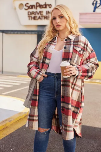 Miniatura 2 de IN'VOLAND Camisas de franela a cuadros de talla grande para mujer, manga larga, con solapa, estilo novio, con botones, chaqueta larga de tartán