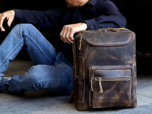 Miniatura 4 de Mochila de cuero vintage para hombre, bolsa para laptop de 16 pulgadas, gran capacidad, viajes de negocios, senderismo, mochila de hombro, mochila